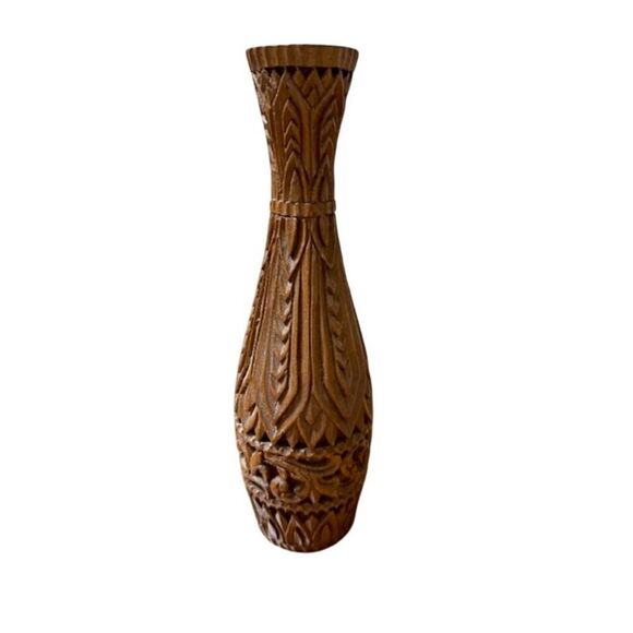 Hand made carved wooden vase for flowers and decor 11.25" Tall - Picture 1 of 5
